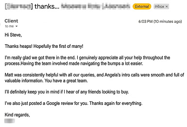 Client email praising Matt and Angela and confirming a Google review