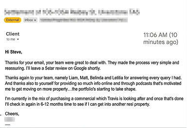 Client email thanking the Palise Property team for a simple, reassuring process