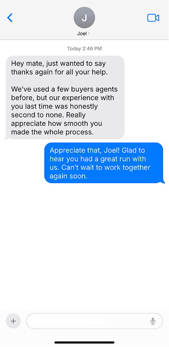Text message from Joel: experience was second to none
