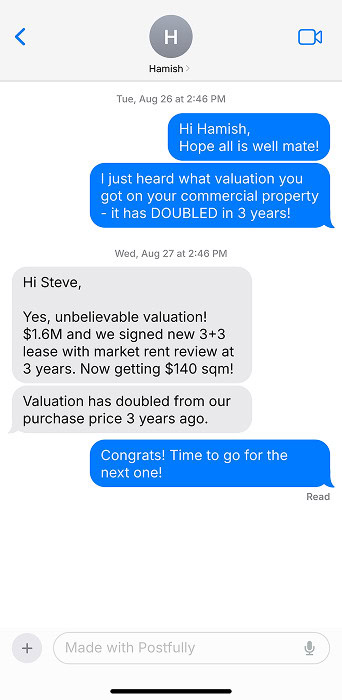 Text message from Hamish: property valuation doubled in 3 years to $1.6M
