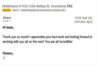 Client email thanking the whole Palise Property team