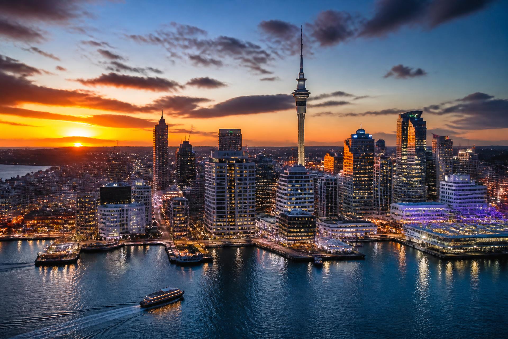 Auckland city skyline and Sky Tower at dusk, New Zealand