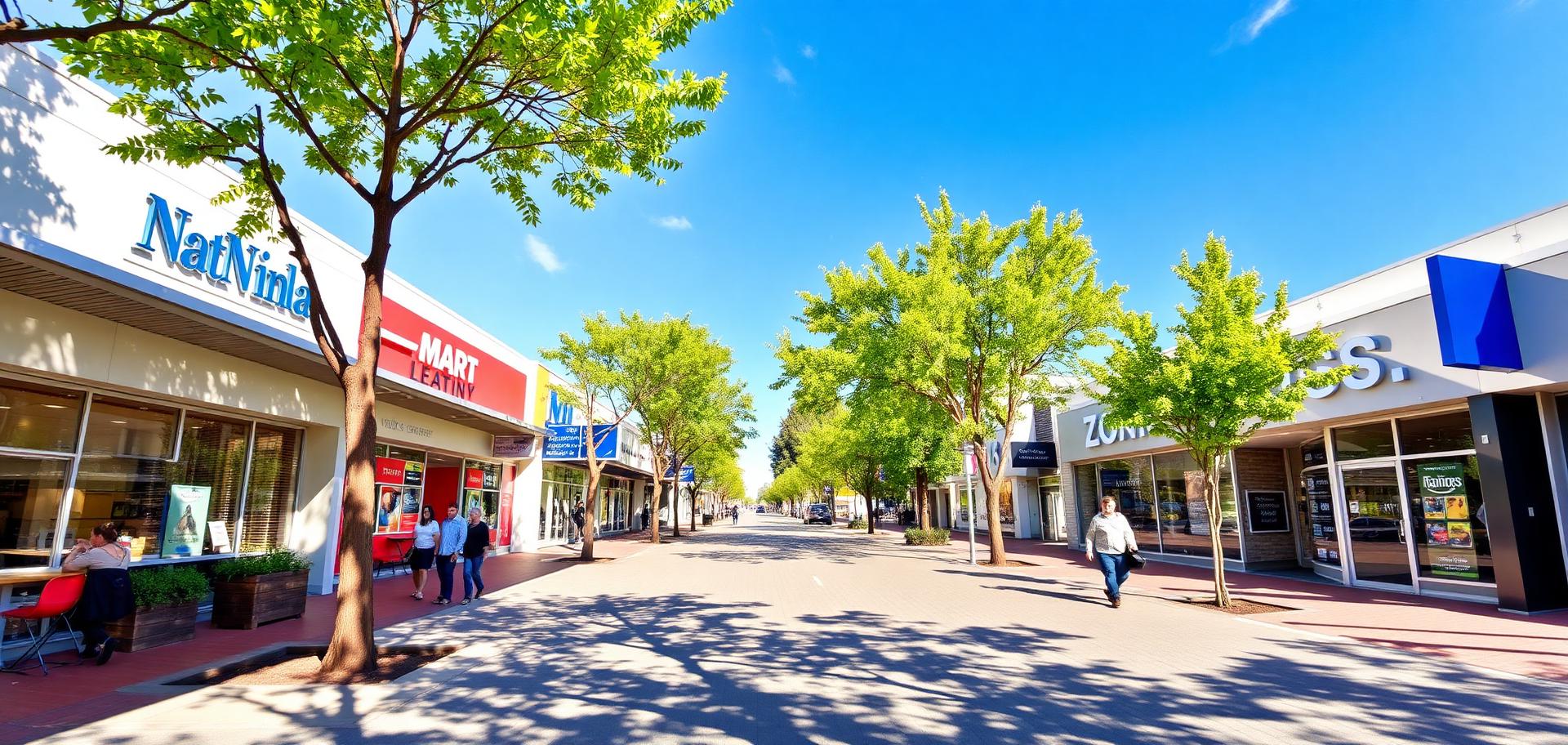Warm streetscape of a New Zealand town centre at golden hour